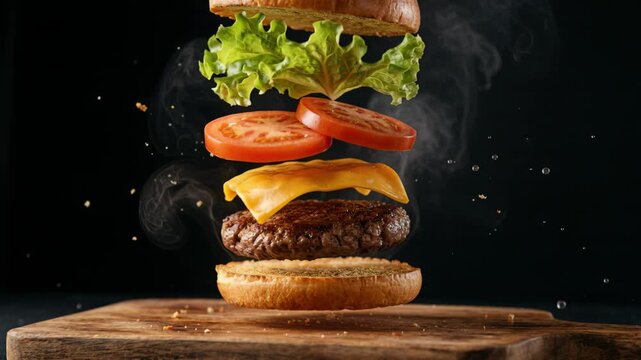 Exploded View Of A Juicy Hamburger With Beef Patty Melted Cheese Sliced Tomatoes And Fresh Lettuce Floating Over Wooden Cutting Board With