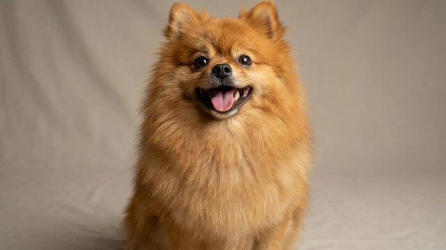 Fluffy Orange Pomeranian Dog Sitting Happily Against a Neutral Backdrop with Soft Studio Lighting Capturing Its Joyful Expression