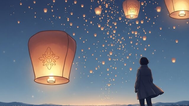 Woman Releasing Lanterns into the Night Sky.