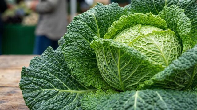 Fresh Vibrant Green Savoy Cabbage Detailed Close-up on Rustic Wooden Table with Blurred Market Stall Background Natural Lighting