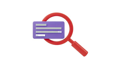 3D Magnifying glass over a credit card icon on transparent background