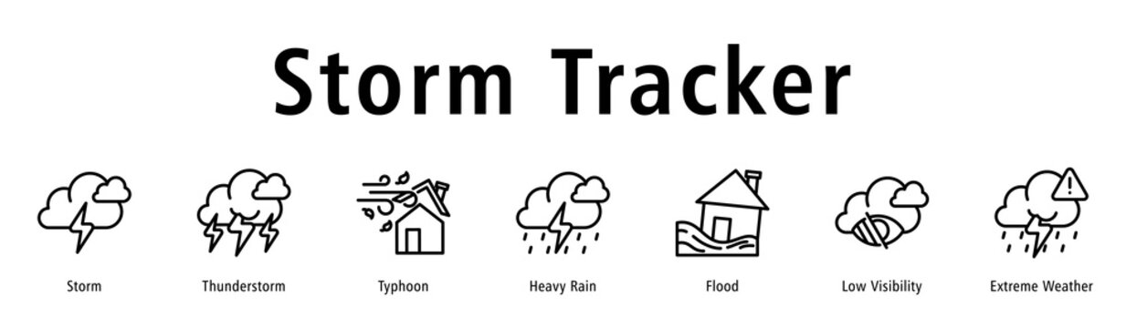 Storm Tracker web banner icon vector illustration with icons of Storm, Thunderstorm, Typhoon, Heavy Rain, Flood, Low Visibility, and Extreme Weather.