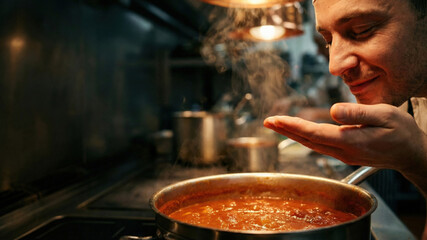 Intentional living chef man kitchen cooking soup pot steam intentional living chef savoring hot soup aroma in professional kitchen setting