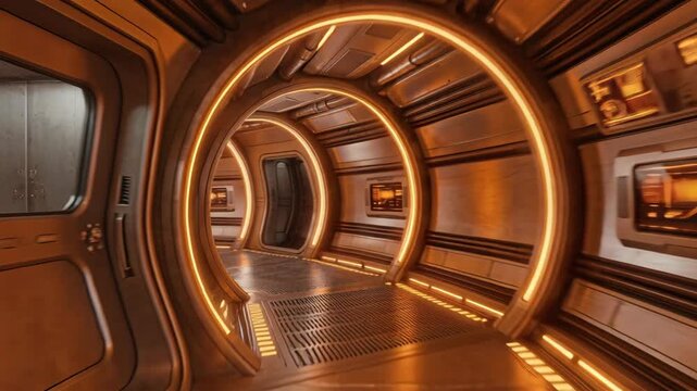 Futuristic SciFi Corridor with Orange Lighting and Digital Displays Cinematic View Down a Circular Metal Space Station Tunnel