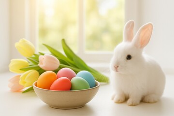 Easter eggs in bowl, fresh tulip flowers and white bunny on blur spring window background.