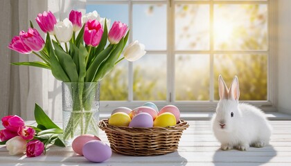 Easter eggs in bowl, fresh tulip flowers and white bunny on blur spring window background.