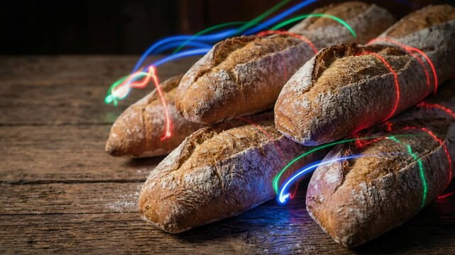 Golden Brown Crusty Baguette Loaves Arranged on a Rustic Wooden Table Illuminated by Vibrant Red Blue and Green Swirls of Light in a Dark