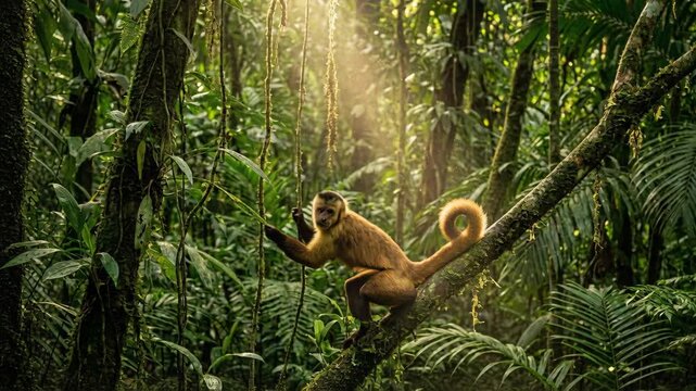 Golden Capuchin Monkey Perched on Mossy Tree Branch in Sun Drenched Amazon Rainforest With Lush Green Foliage Illuminated by Golden Hour