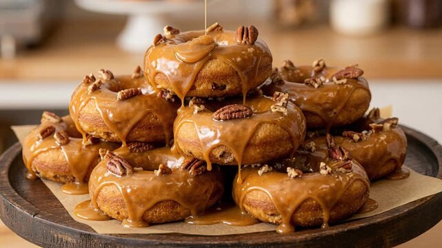 Golden Caramel Pecan Donuts Stacked High A Delicious Dessert Treat With Rich Caramel Glaze And Whole Pecans Topped Generously Creating An