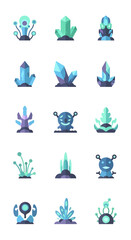 Collection of Futuristic Glowing Crystals and Alien Plant Structures.