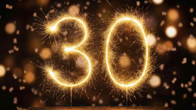 Golden Sparkler Number Thirty 30 Illuminated With Fireworks And Falling Confetti On A Dark Bokeh Background Celebrating A Milestone
