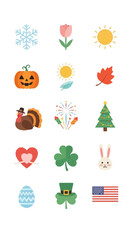 Diverse collection of seasonal and holiday icons representing various celebrations.