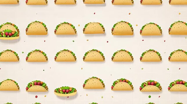 Vibrant Animated Pattern of Mexican Tacos with Fresh Ingredients Moving on a Minimalist Cream Tile Background