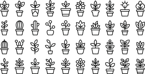 Collection of various potted plants and cactus icons, line art. © Md Bishal