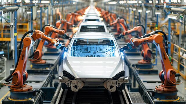 3d car factory concept  automated robot arm assembly line for eco friendly electric vehicles