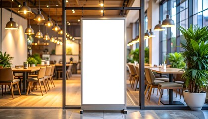 Empty White Paper Advertising Banner Mockup on Coffee Shop Window, Street Marketing Concept