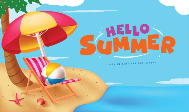 Summer hello text vector design. Hello summer greeting text with chair, sea shell, umbrella, starfish and beachball elements in beach seaside background. Vector illustration hello summer greeting - Powered by Adobe