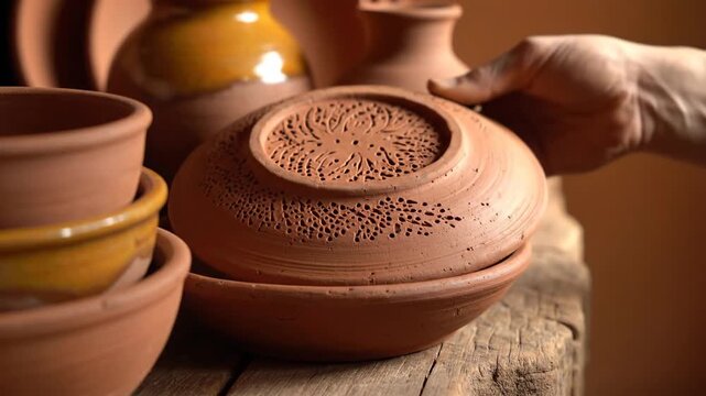 Close up of handcrafted terracotta bowls with unique details