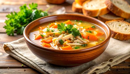 Fresh Homemade Chicken Soup in Rustic Bowl, Healthy Comfort Meal