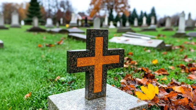 Red cross stone stands in a cemetery surrounded by fallen leaves and tombstones in autumn season