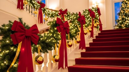 Festive Christmas Staircase Decorated with Garland and Red Bows