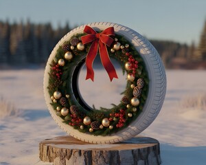 Christmas Wreath Decoration with Red Bow in Winter Outdoor Setting