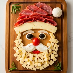 Funny Santa Face Food Art Made with Meat and Cheese on Wooden Board