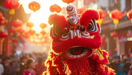 Traditional Lion Dancing During Chinese New Year Festival in Urban Street Celebration