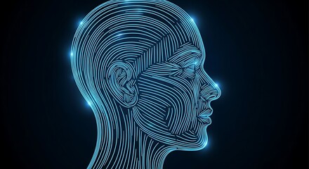 Abstract Digital Human Head Outline With Glowing Blue Lines And Dots.