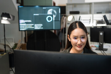 Young female programmer working on code late at night in tech workspace. Software management, inspection or IT programmer with overlay for problem solving, data or troubleshooting at night