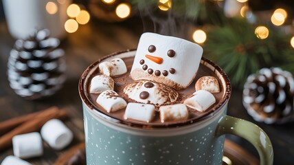 Cozy hot chocolate with a festive snowman marshmallow and holiday decorations