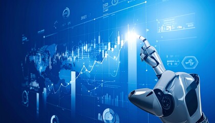 Robotic arm pointing at stock chart.Ai artificial intelligence tool analysis Data stock market.nvestor use smart Ai robot automation technology for analysis graph data for decision trading, big data