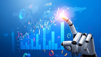 Robotic arm pointing at stock chart.Ai artificial intelligence tool analysis Data stock market.nvestor use smart Ai robot automation technology for analysis graph data for decision trading, big data
