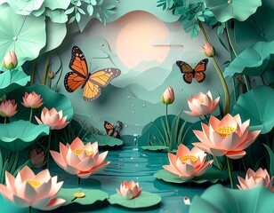Serene pond with origami flowers, butterflies, and a soft sunset