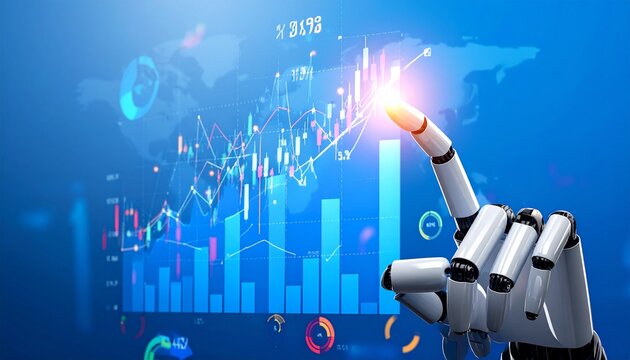 Robotic arm pointing at stock chart.Ai artificial intelligence tool analysis Data stock market.nvestor use smart Ai robot automation technology for analysis graph data for decision trading, big data - Powered by Adobe