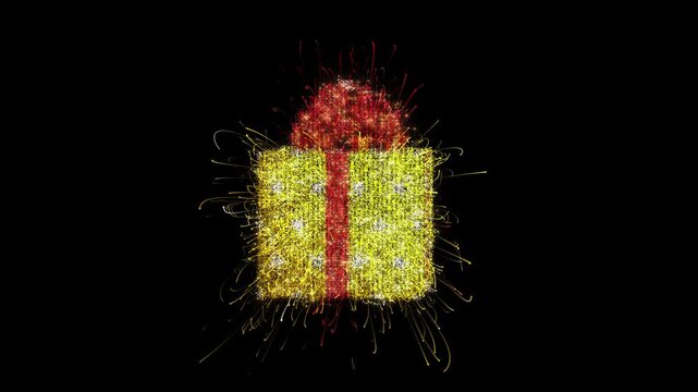Shimmering gold and red particles converge to create a 3D gift box wrapped with a red ribbon and bow, exploding with festive light at the end.