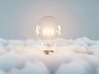 A glowing light bulb floating above the clouds with a bright illuminated filament inside