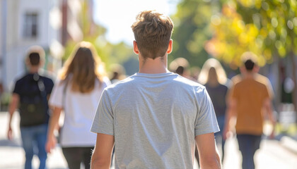 Young man seen from behind walking forward to join new group on sunny city street. sense of focused and supportive energy for community