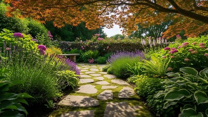 Obraz premium Serene garden pathway with lush greenery.