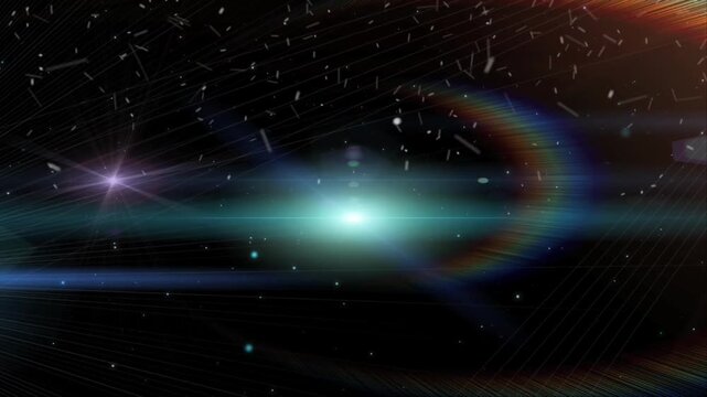 A cosmic-style animation featuring anamorphic blue lens flares, floating space dust, and a bright orange light source.