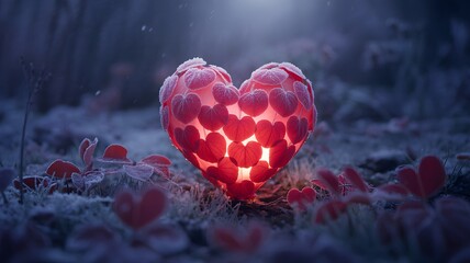 Ethereal glowing heart of love illuminating a cold and magical winter landscape