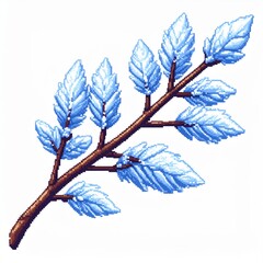 Pixelated Branch with Blue Leaves on a White Background in Simple Style