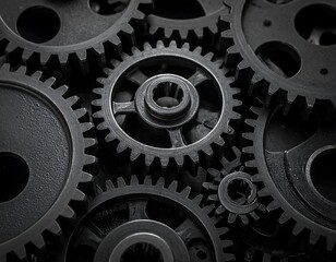 Close-up monochrome of interlocked circular mechanisms with various sizes and tooth configurations. Metallic textures