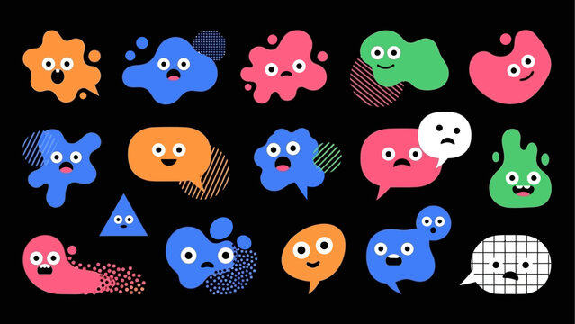 Fun abstract cartoon blob characters and speech bubbles with cute faces and textures set on black background for social media stickers