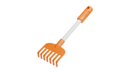 3D Orange hand rake with white handle on transparent background