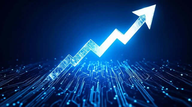 A glowing upward arrow with circuit board design symbolizes progress and growth in a digital environment.