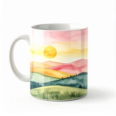 Watercolor Landscape on White Ceramic Mug with Handle Isolated on White Background