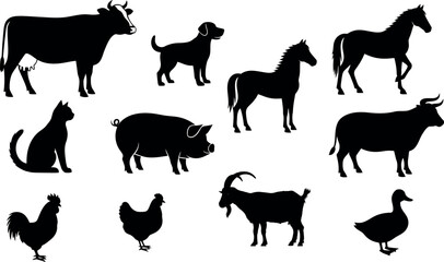 Silhouette of various farm animals and pets in profile