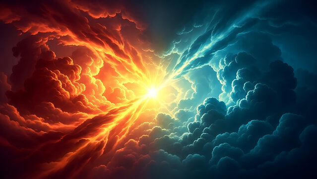 Cosmic clash Fiery explosion of orange and blue energy colliding in the sky