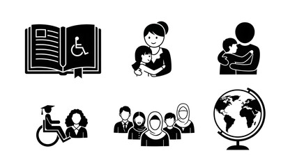 Diverse group of people icons including education, family, and global representation.